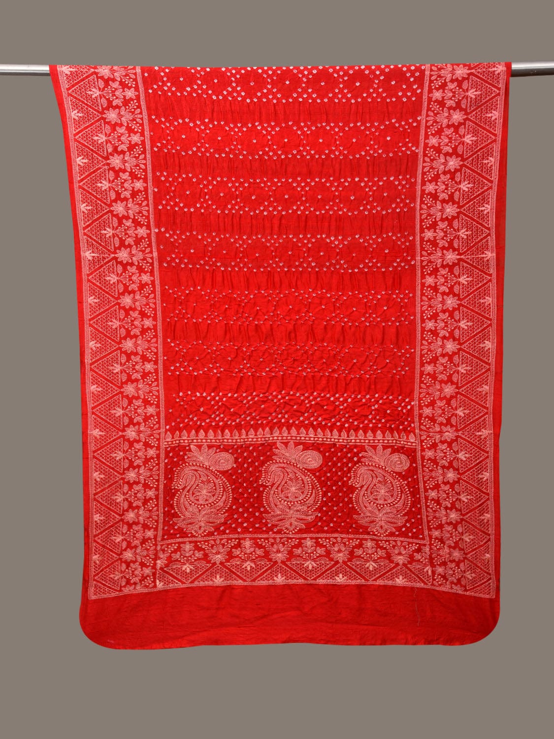 Red Bandhani Silk Stole with Embroidary Work Design - Global Threads