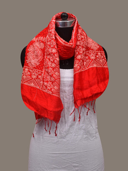 Red Bandhani Silk Stole with Embroidary Work Design - Global Threads