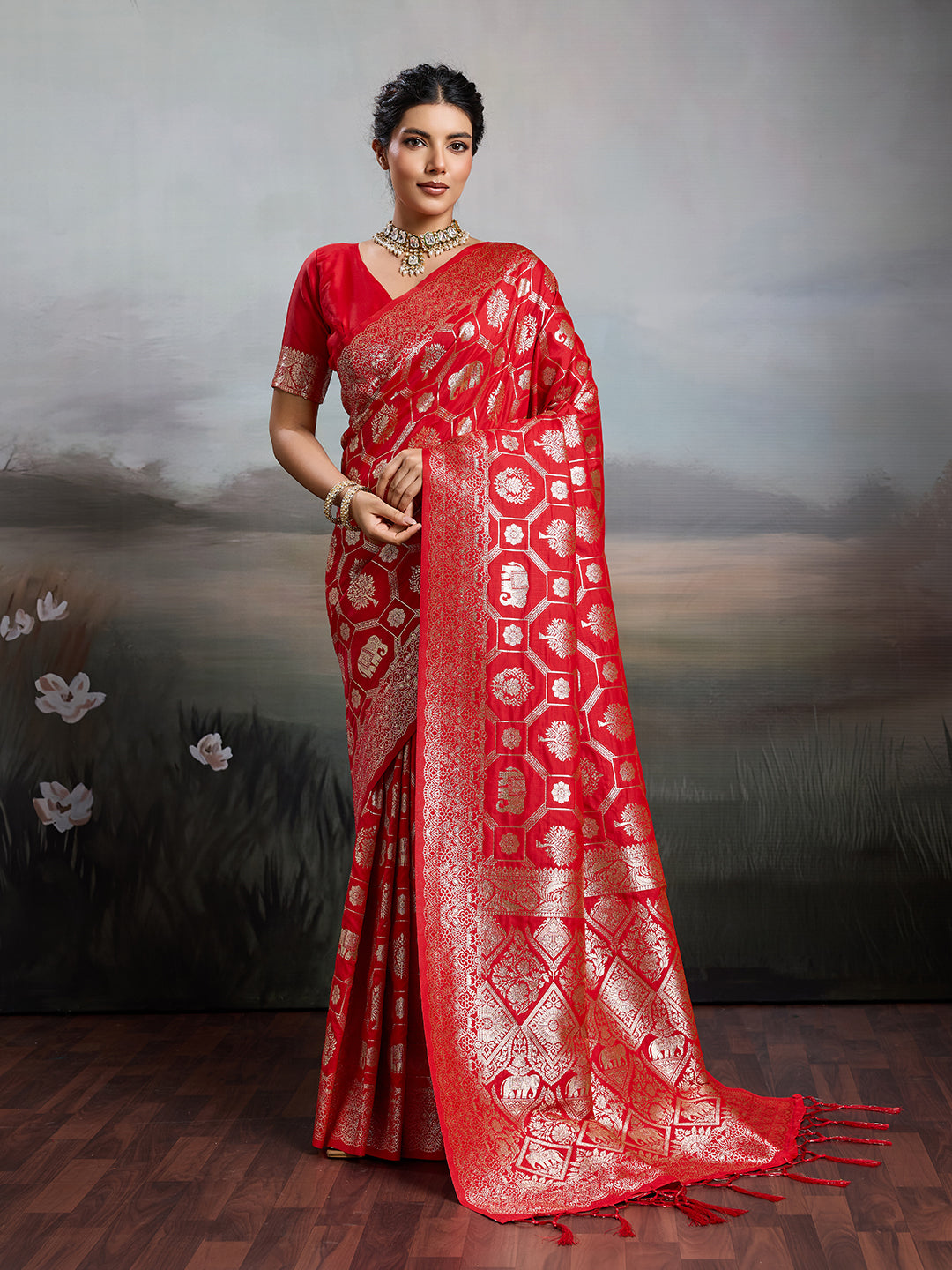 Anaita Red Silk Blend Woven Saree With Blouse
