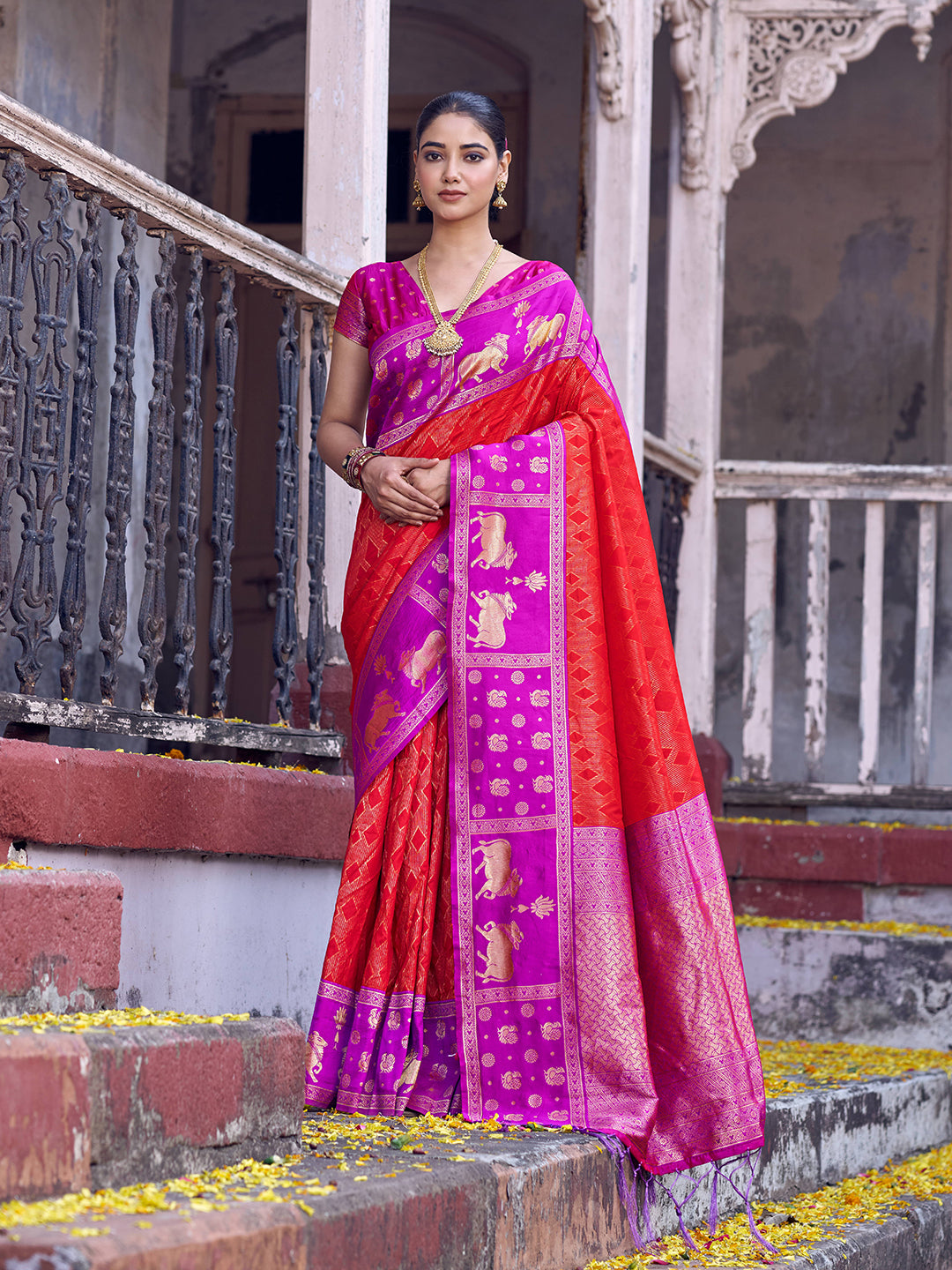 Anaita Red Soft Silk Woven Saree With Blouse