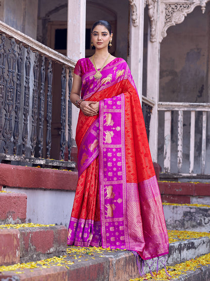 Anaita Red Soft Silk Woven Saree With Blouse