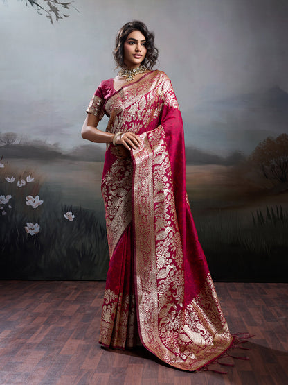 Anaita Red Silk Blend Woven Saree With Blouse