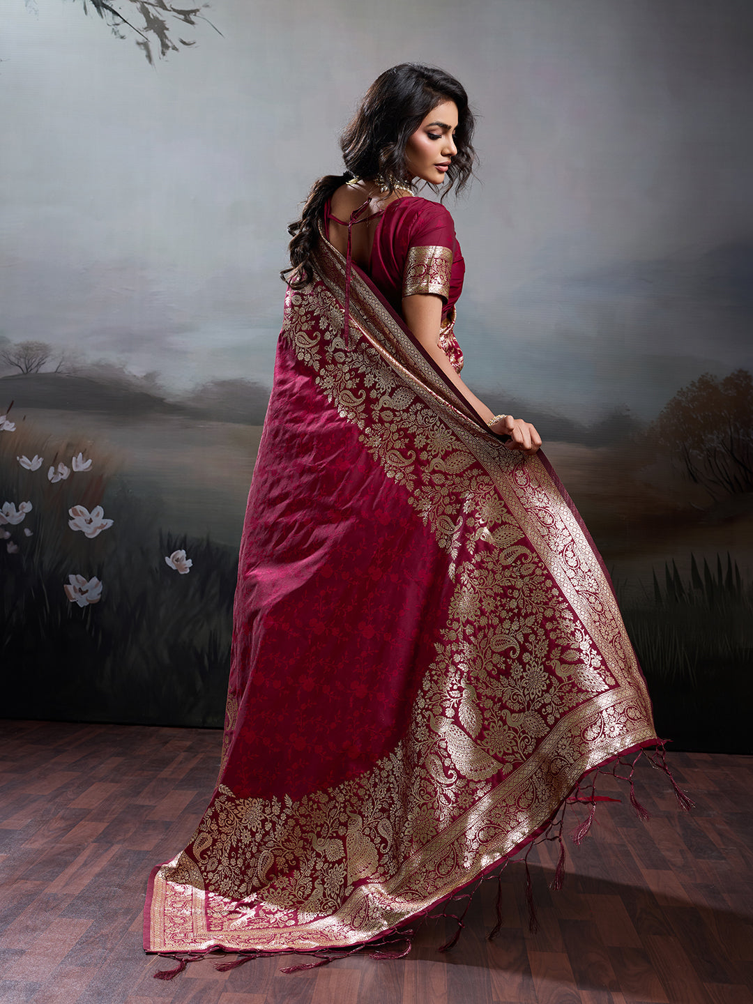 Anaita Red Silk Blend Woven Saree With Blouse