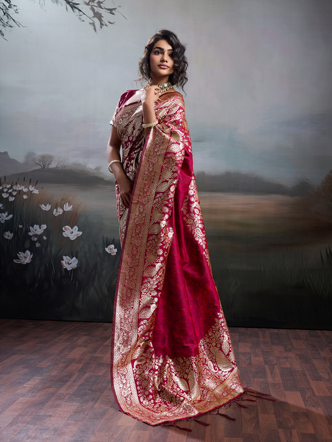 Anaita Red Silk Blend Woven Saree With Blouse
