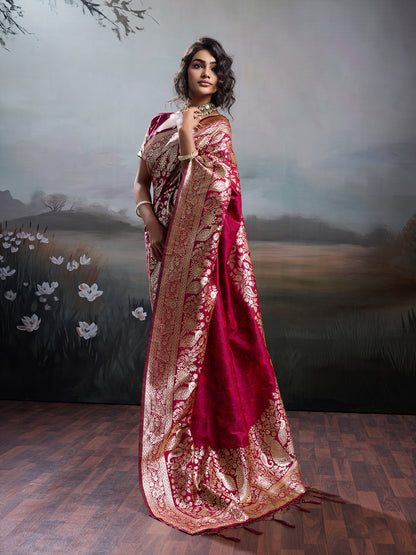 Anaita Red Silk Blend Woven Saree With Blouse
