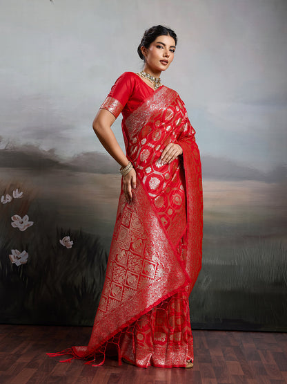Anaita Red Silk Blend Woven Saree With Blouse