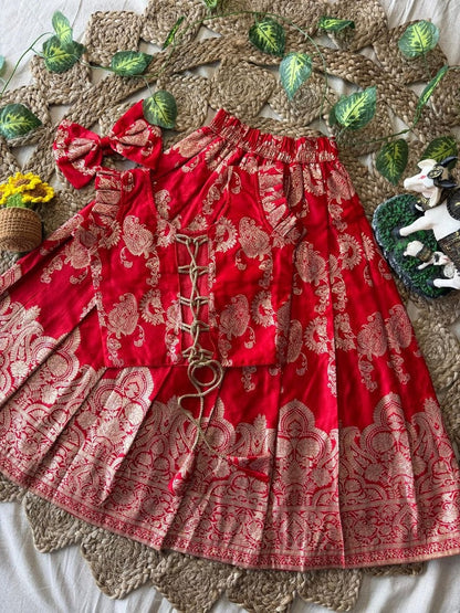 Evanik Red Banarasi Silk Kids Lehenga Choli Set with Zari Jacquard Work for Girls
