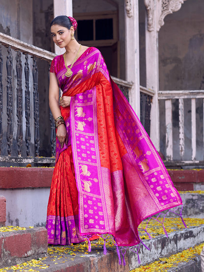 Anaita Red Soft Silk Woven Saree With Blouse