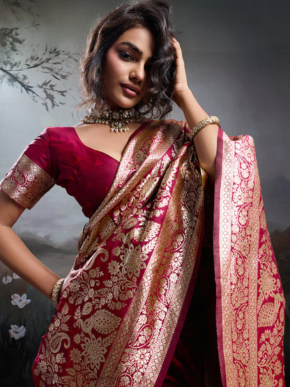 Anaita Red Silk Blend Woven Saree With Blouse