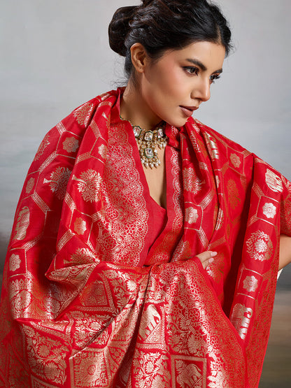Anaita Red Silk Blend Woven Saree With Blouse