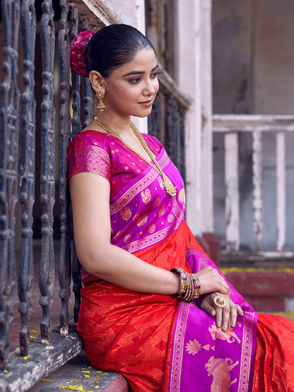 Anaita Red Soft Silk Woven Saree With Blouse