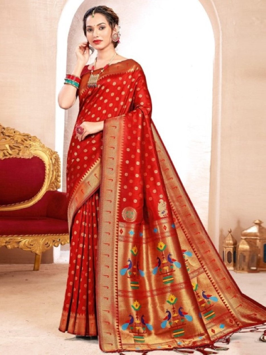 Anaita Red Banarasi Saree With Blouse Piece