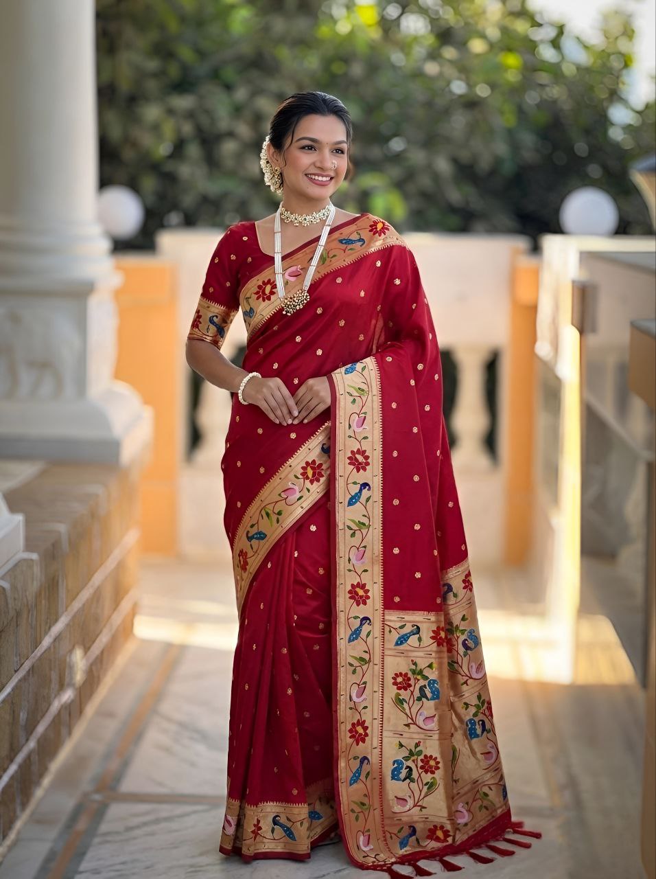 Mameraa Sarees Red Faux Banarasi Silk Saree With Paithani Rich Weaved Pallu And Blouse-Red