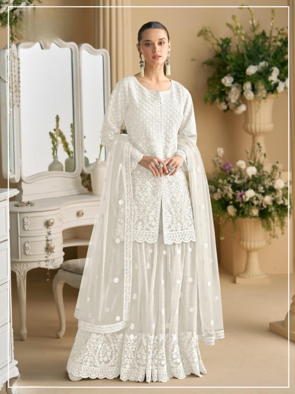 Anaita White Heavy Net Readymade Suit with Embroidery & Sequence Work