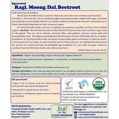 TummyFriendly Foods Organic Sprouted Ragi, Moong Dal, Beetroot Porridge Mix