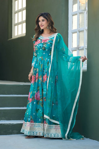 Anaita Blue Tabby Silk Readymade Anarkali Suit with Embroidery Thread & Sequence Work