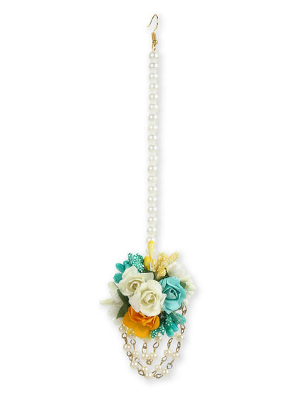 Flower Jewellery Gold-Polished Turquoise Blue Floral Jewellery Set - Ruby Raang