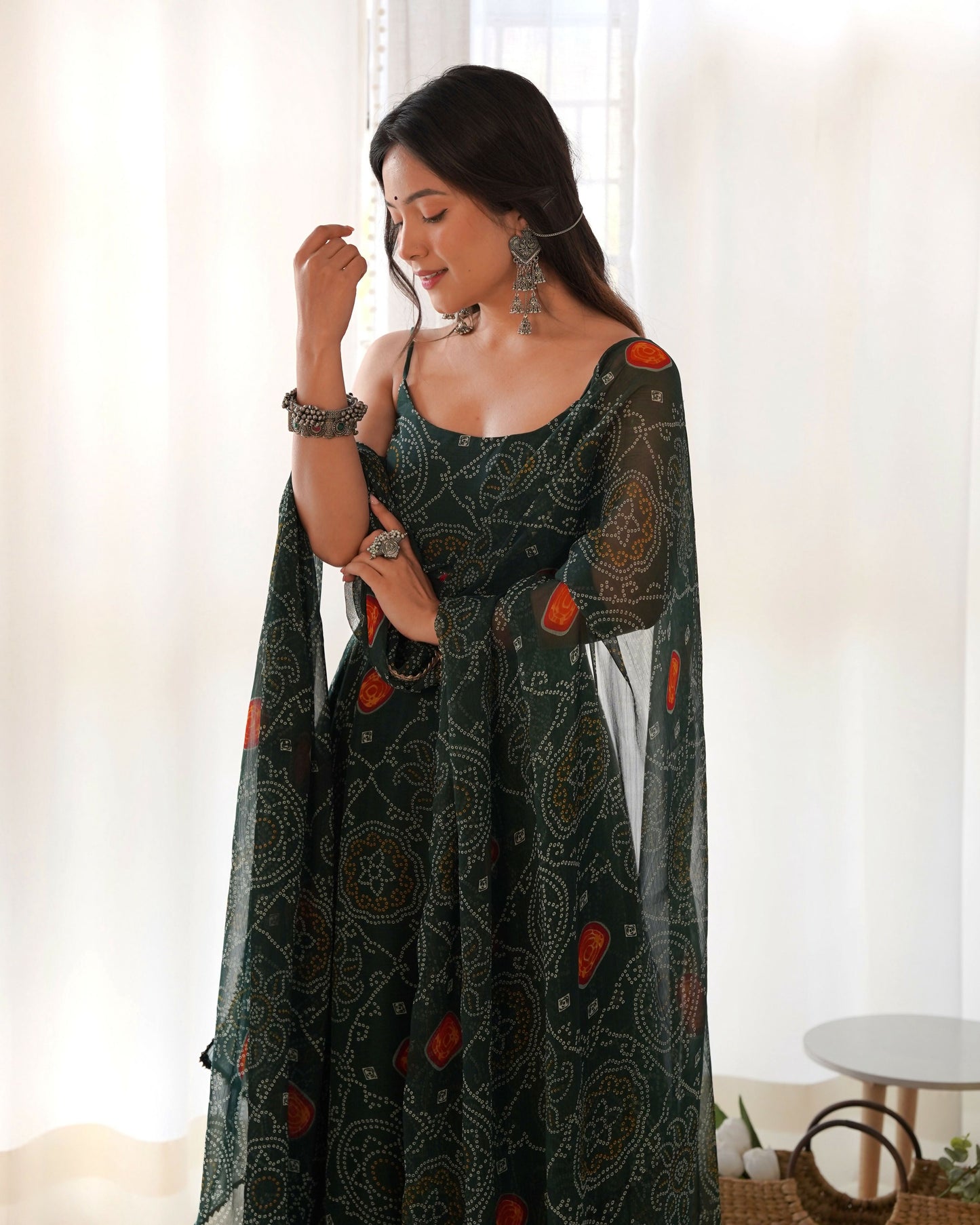 Joban Fashion Bottle Green Kurta Set Chiffon Sequin Embroidery Work