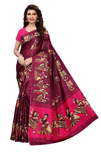 Vamika Wine Red & Pink Kalamkari With Jhalar Khadi Silk Saree