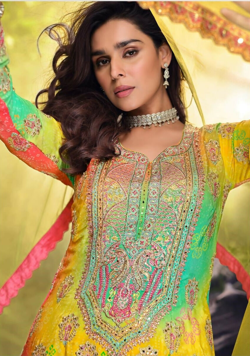 Anaita Yellow Chinon Stitched Suit with Embroidery & Sequence Work