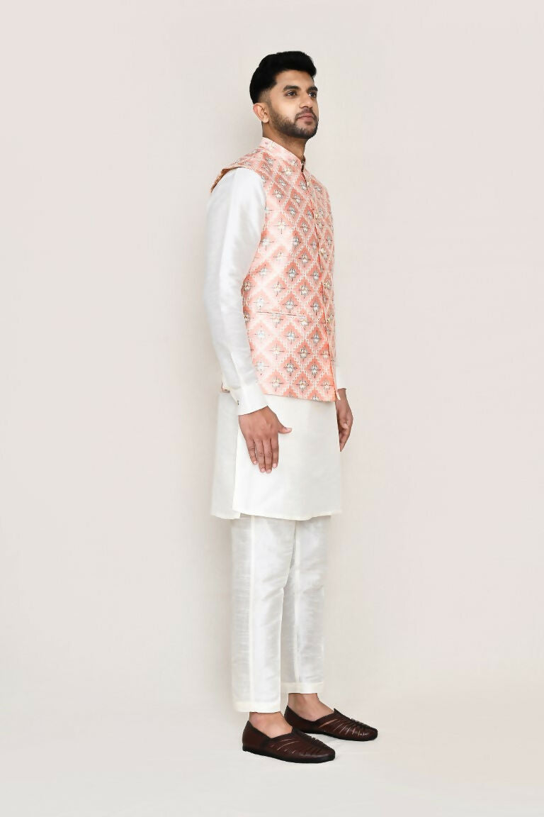 Joban Fashion White Colored Art Silk Fabric Kurta, Jacket With Straight Fit Pant