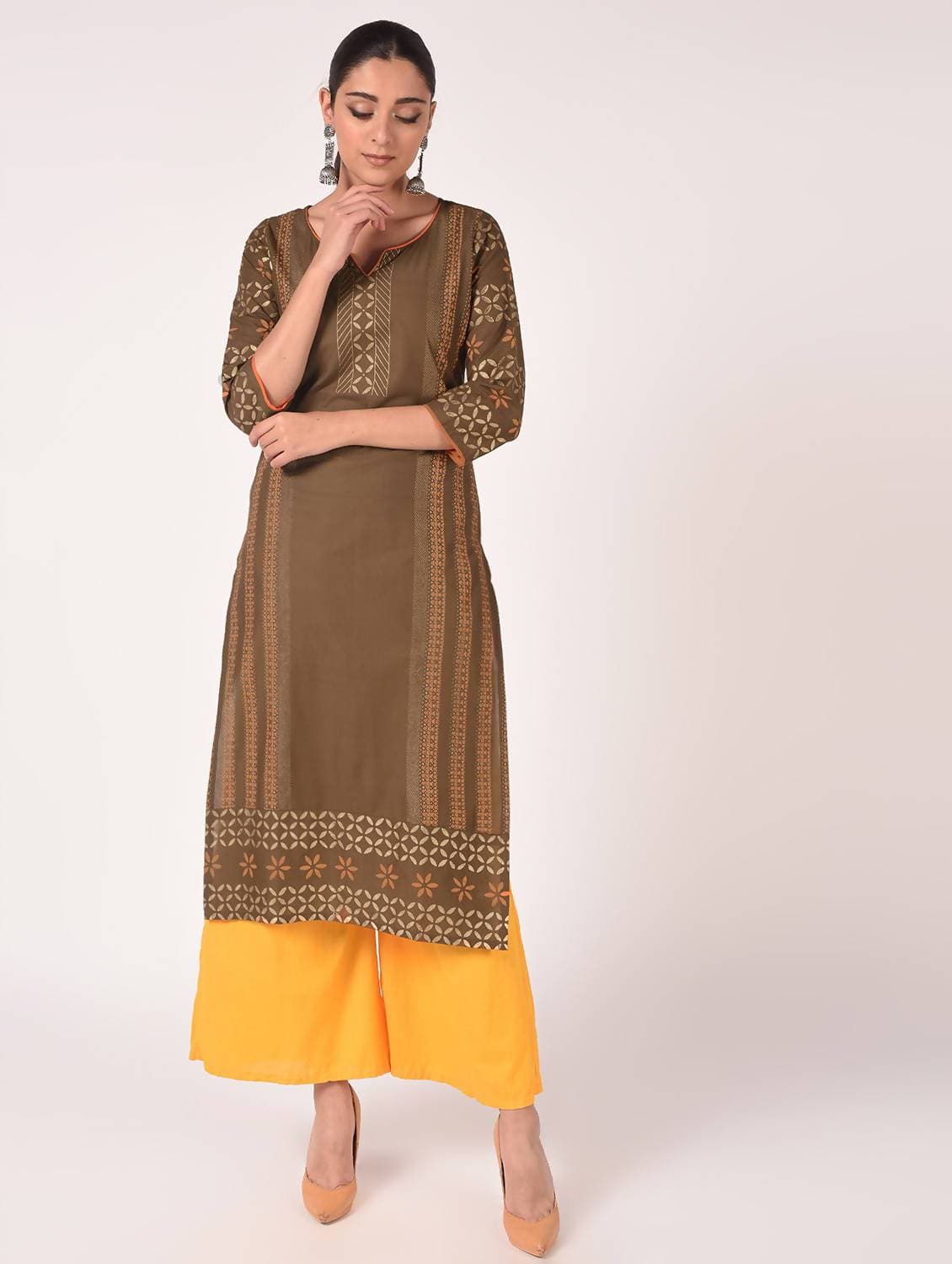 Cheera Hand Block Print Earth Brown & Yellow Straight Kurta With Palazzo (MAAI-086K)