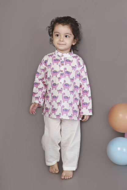 Breathables Kids Boys & Girls Cotton Night Suit – Purple Dinosaur Print Kurta & Pyjama Co-Ord Set