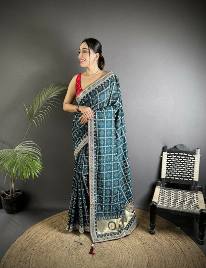 Joban Fashion Navy Blue Bandhej Bandhani Vichitra Silk Bandhani Prints Saree