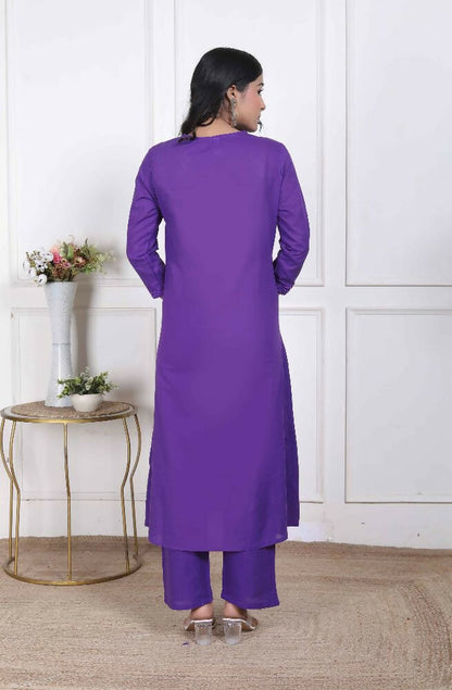 Miravan Womens Purple Floral Printed Angrakha Style Kurta With Palazzo