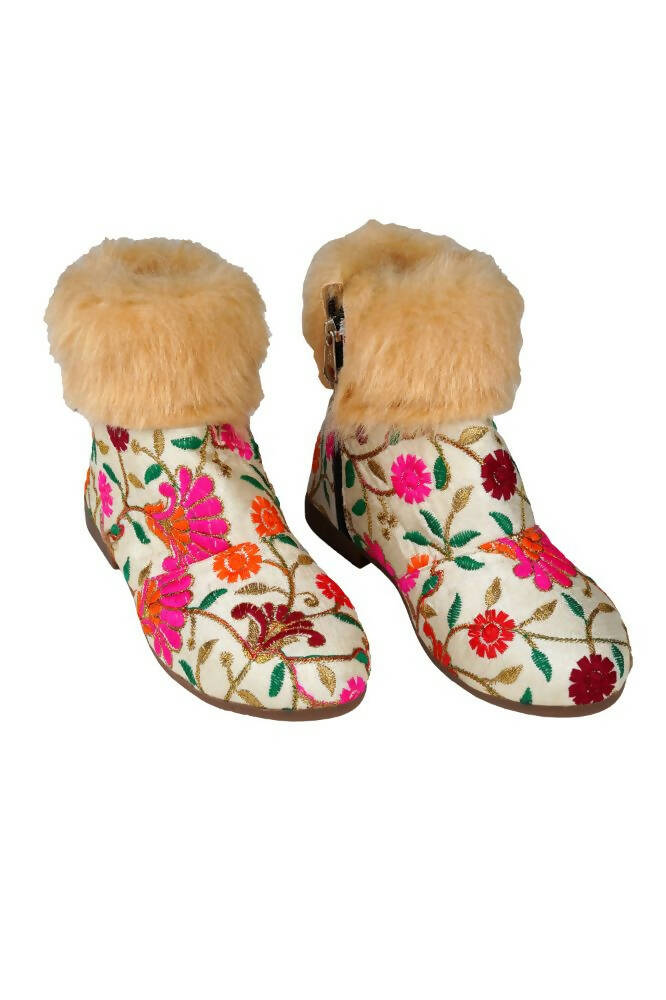 Tiny Bugs Girls Embroidered Anckle Ethnic Boots-Beige