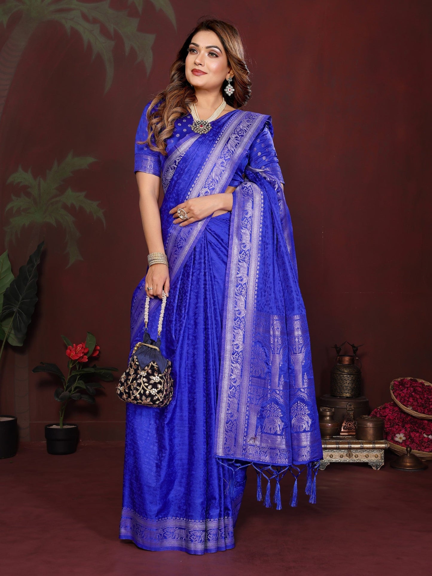 Anaita R Blue Zari Weaving Work Satin Silk Saree With Blouse