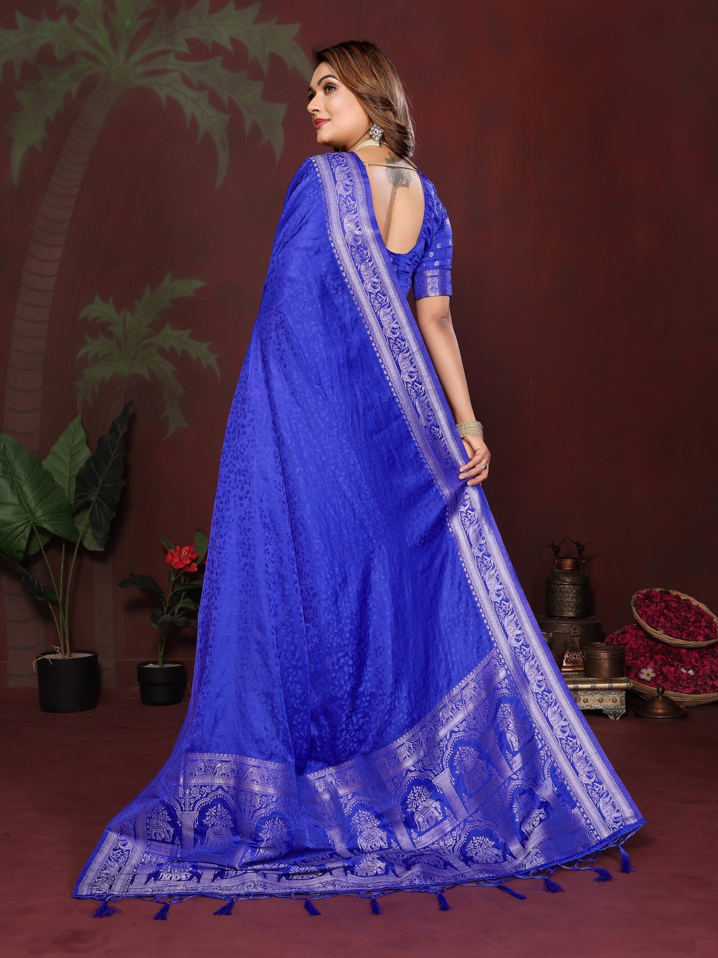 Anaita R Blue Zari Weaving Work Satin Silk Saree With Blouse