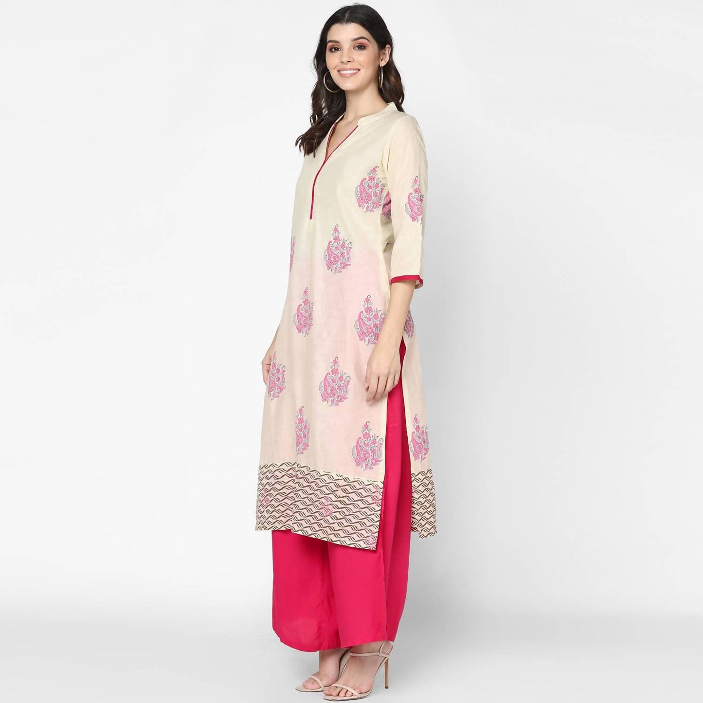 Cheera Hand Block Print Cream & Magenta Straight Kurta With Palazzo (MAAI-087K)