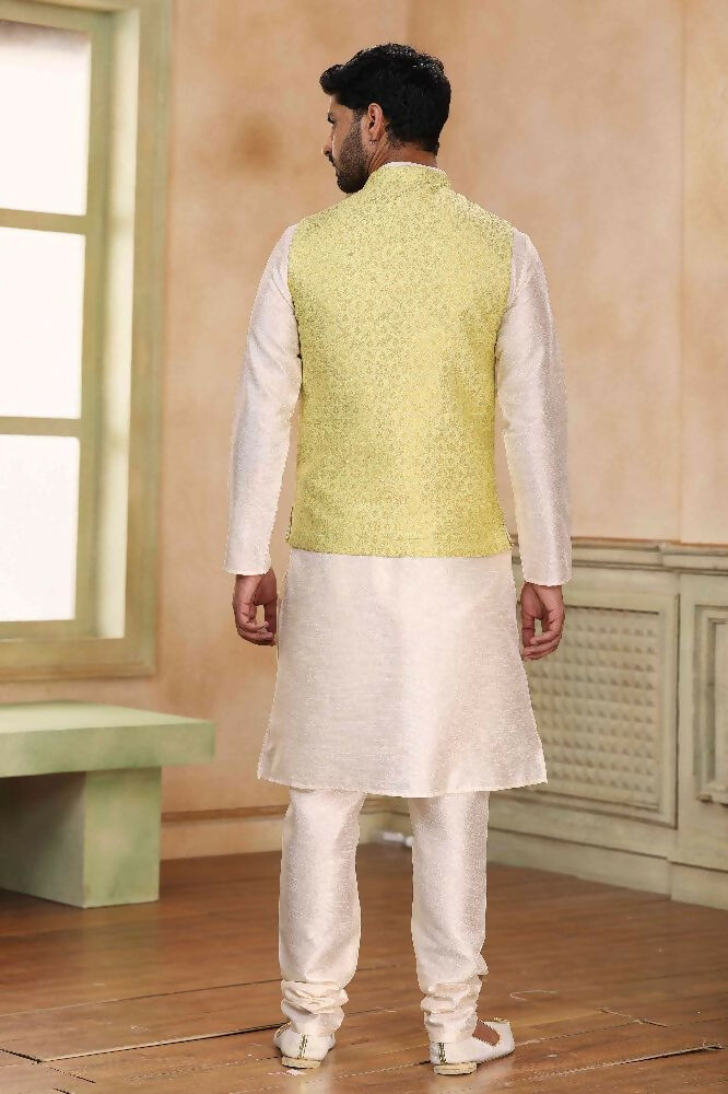 Raivat Ethnic Jacquard Banarasi Silk Woven Work 3 Pics Jacket Set In Lemon Colour