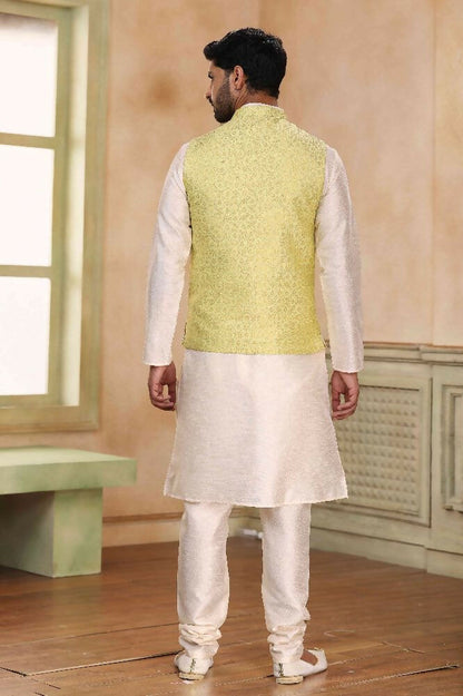 Raivat Ethnic Jacquard Banarasi Silk Woven Work 3 Pics Jacket Set In Lemon Colour