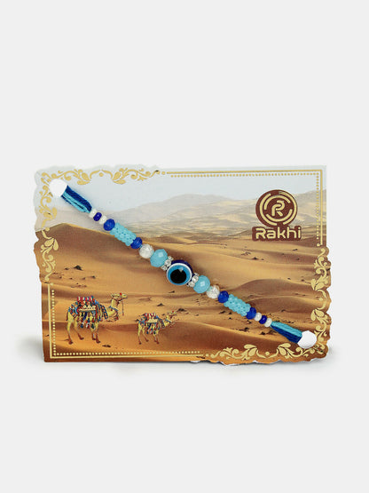 NVR Women & Men Set of 4 Blue Evil Eye Charm Rakhi With Roli Chawal