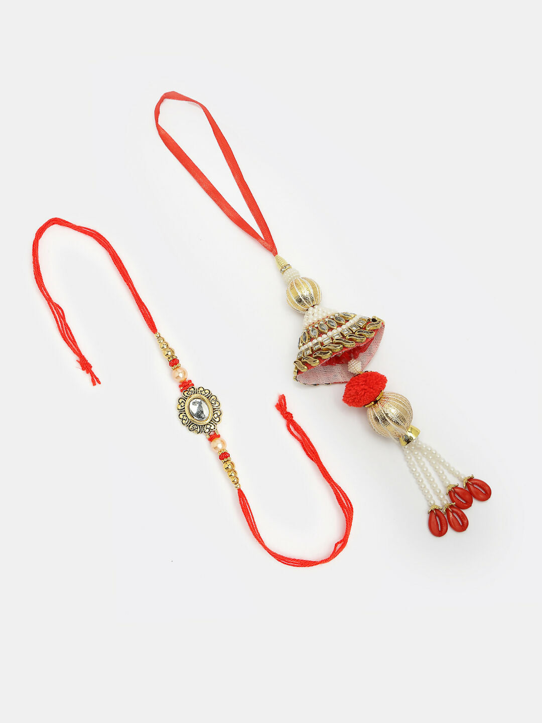 NVR Women & Men Set of 2 Gold & Red Kundan-Studded Bhaiya Bhabhi Rakhi With Roli Chawal
