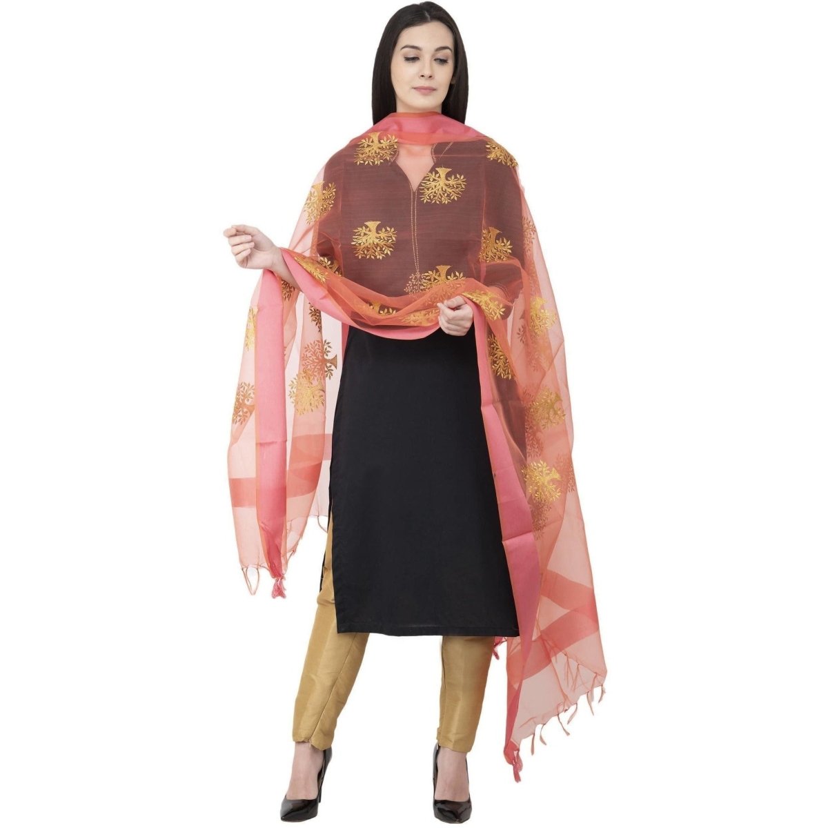 A R Silk Tissue Zari Emb. Golden Zari Emb. Color Rani Dupatta or Chunni
