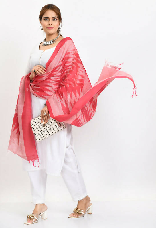 Mominos Fashion Moeza Women's Handloom Cotton Ikkat Pink Dupatta