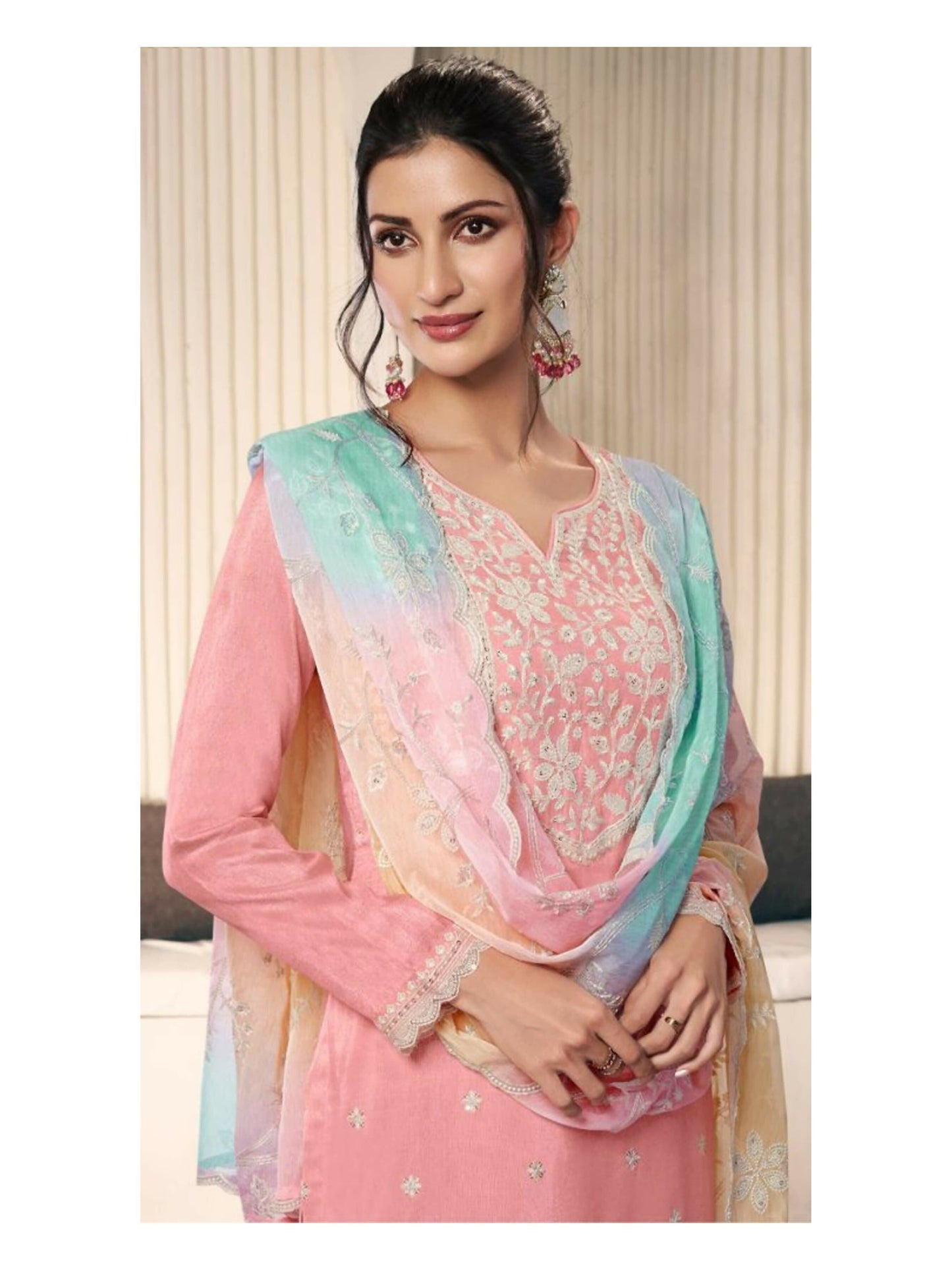 Anaita Peach Moonga Silk Stitched Suit with Embroidery Sequence Work