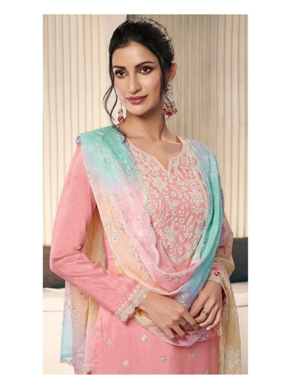 Anaita Peach Moonga Silk Stitched Suit with Embroidery Sequence Work