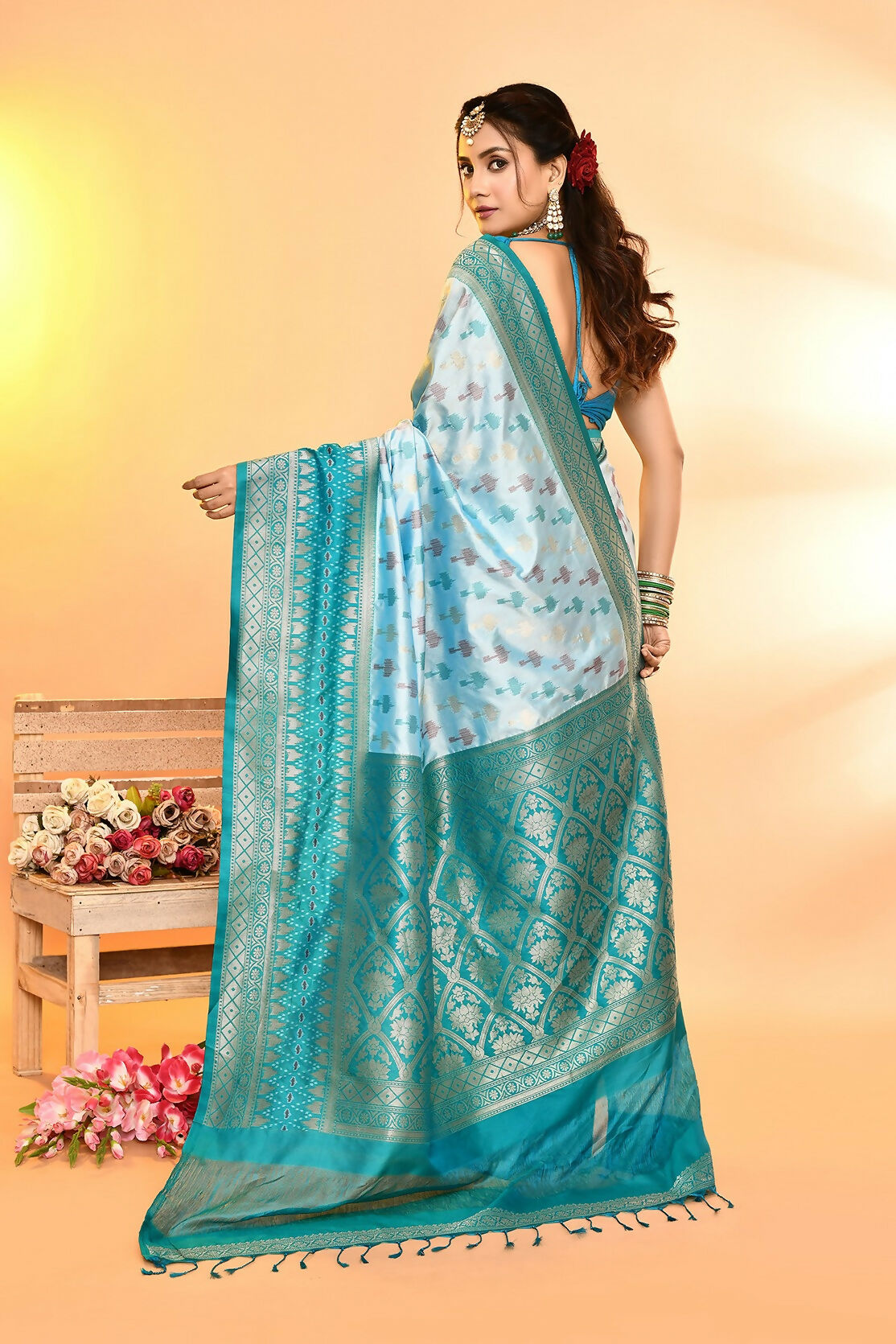 Joban Fashion Sky Blue & Rama Plain With Weaving Border Banarasi Silk Sarees