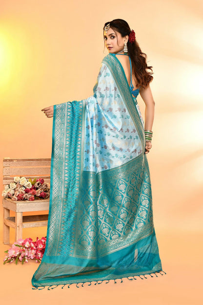 Joban Fashion Sky Blue & Rama Plain With Weaving Border Banarasi Silk Sarees