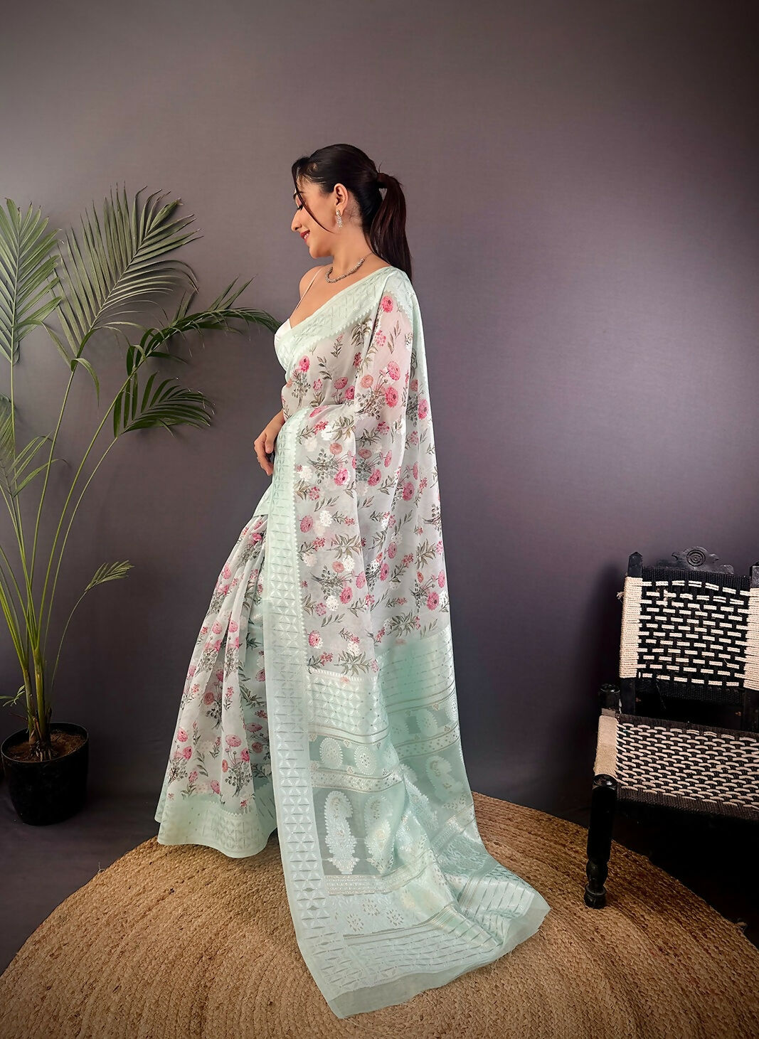 Joban Fashion Sky Blue Floral Motifs Banarasi Silk Sarees