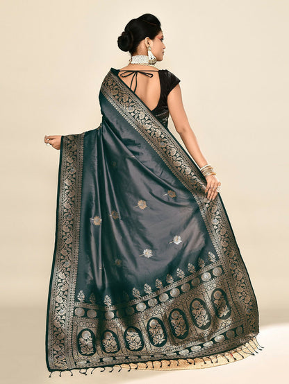Joban Fashion Grey & Black Plain With Weaving Border Banarasi Silk Sarees