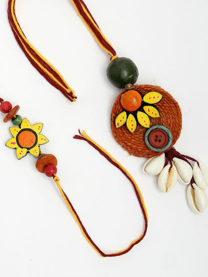 NVR Women & Men Set of 2 Multicolor Sea Shell Handcrafted Bhaiya Bhabhi Rakhi With Roli Chawal