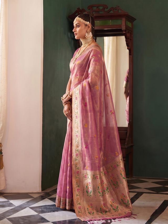 Shree Shyam Fashion Rose Pink Woven Work Tissue Silk Fabric Festive Wear Saree With Blouse