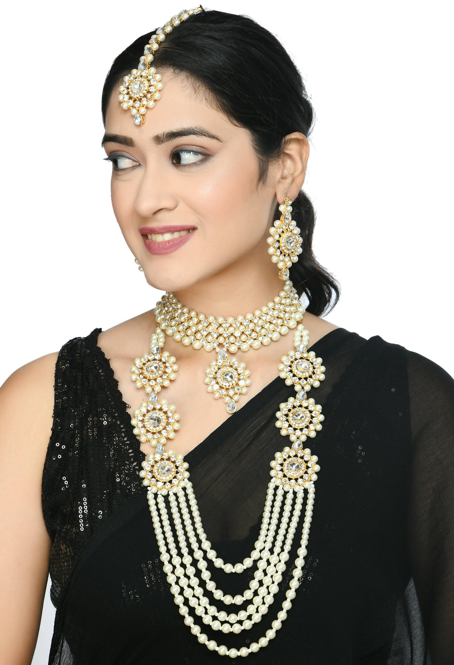 Mominos Fashion Johar Kamal Gold-Polished Rani Haar with Off white Pearls Jewellery Set