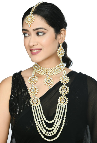 Mominos Fashion Johar Kamal Gold-Polished Rani Haar with Off white Pearls Jewellery Set