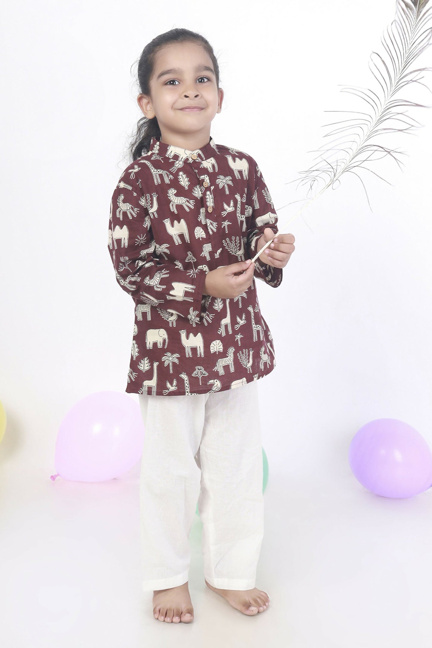 Breathables Kids Cotton Night Suit – Wine Animal Print Kurta & Pyjama Co-Ord Set For Boys & Girls